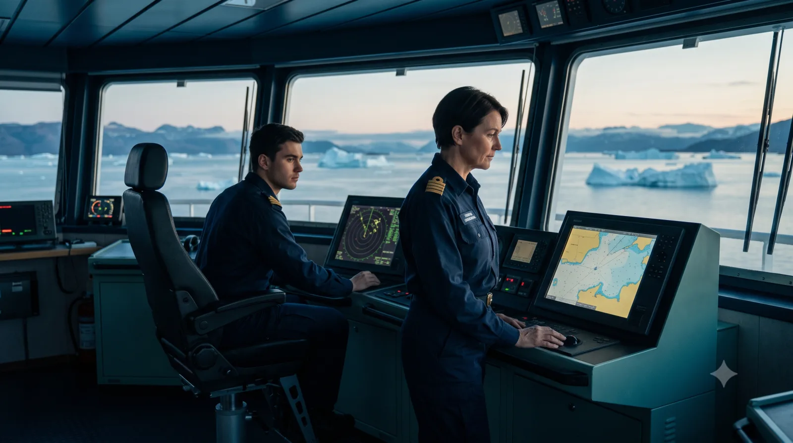 Two navigation officers on the bridge of a polar-class vessel, radar and ECDIS displays lit, icebergs visible through the windows