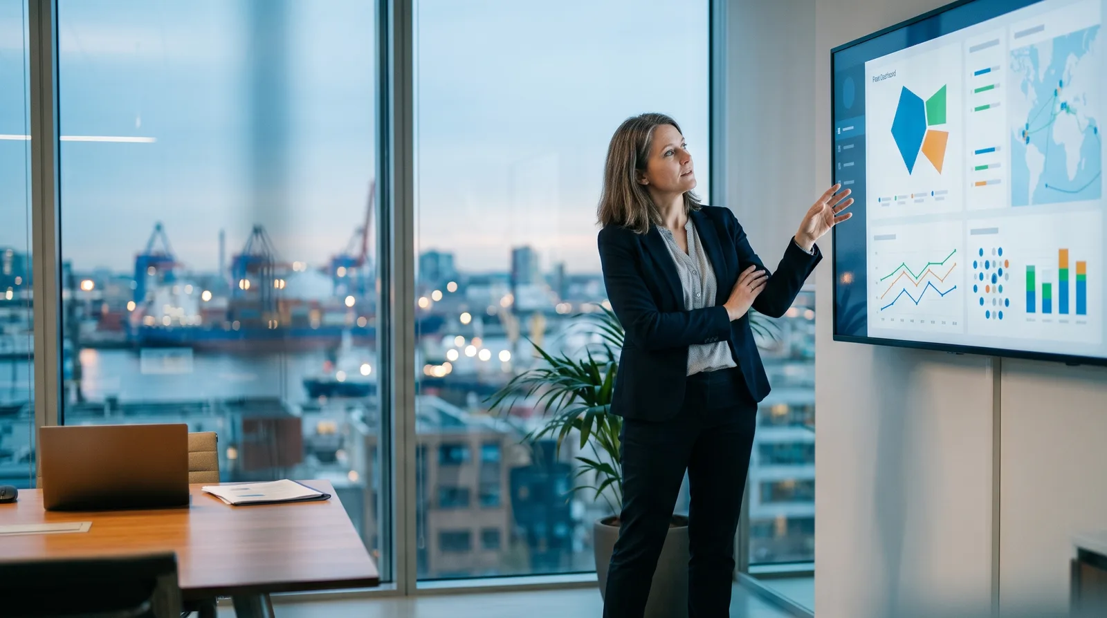 A DPA reviewing fleet risk on a wall-mounted dashboard in a shore office overlooking the port