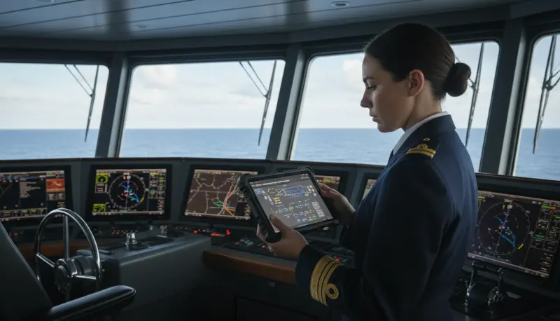 Ship officer reviewing digital compliance documents on a tablet on the bridge