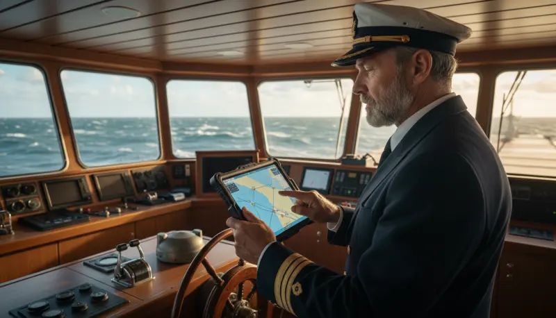 Ship captain using a tablet in the wheelhouse at sea