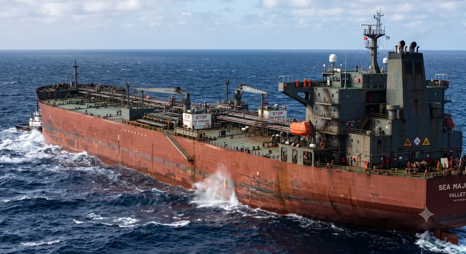 Bulk carrier stern showing bow thruster and tug-push markings