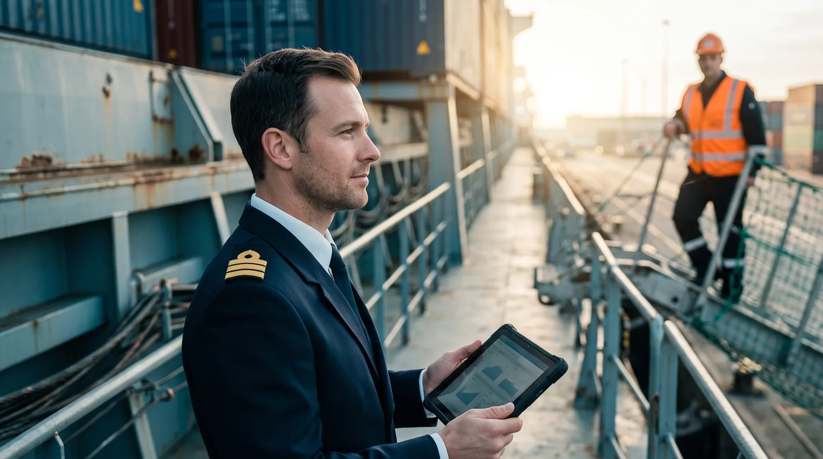 An officer reviewing fleet data on a tablet at a container terminal gangway, a dockworker visible behind